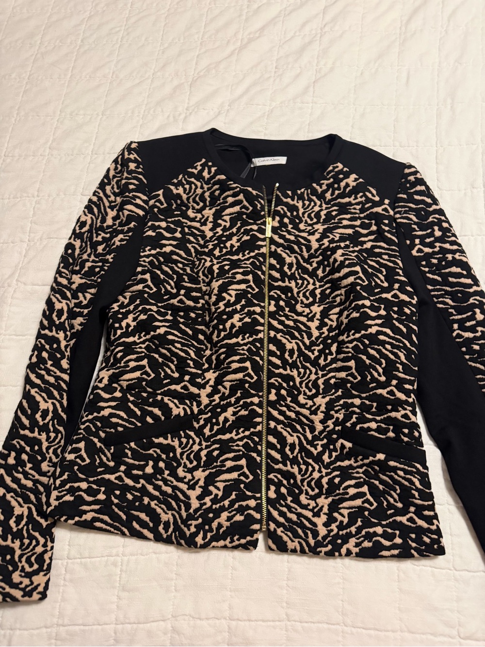 Calvin Klein Black & Beige Animal-Print Zip Jacket